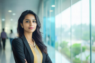 Fototapeta premium A confident young professional Indian woman standing in a bright office hallway, wearing business attire with large windows in the background.