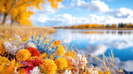 Autumn flowers by river, fall colors, scenic background, nature photography, ideal for seasonal greetings