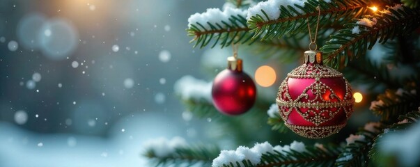 Fototapeta premium Ornate gold and glass ornaments hanging from a Christmas tree branch in a snowy environment, Winter Decorations, Christmas Elements