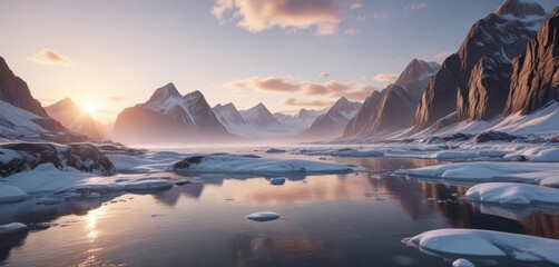 Frozen Arctic landscape with snow-capped mountains and icy waters at sunrise,  north,  mountain, arctic
