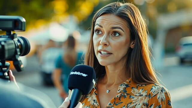 Woman in floral dress being interviewed outdoors