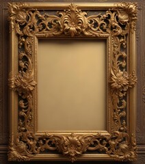 Ornate gold frame with intricate carvings surrounds a vintage scroll,  artifact,  frame