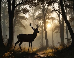 Silhouette of deer in forest with tree branches and leaves,  forest, deer