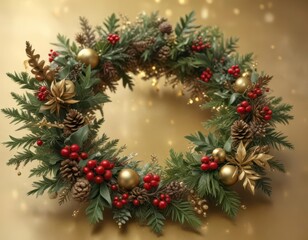 Snowflakes fall gently on a gold backdrop adorned with holly, pinecones, and mistletoe,  gold accents,  festive atmosphere