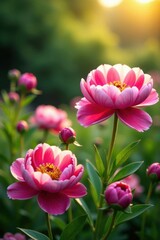 Naklejka premium Peonies in a garden with sunlight, day light, beauty, garden scenes