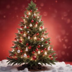 Obraz premium Snowy Christmas tree with twinkling lights and ornaments against a festive red background , red color palette, holiday lights