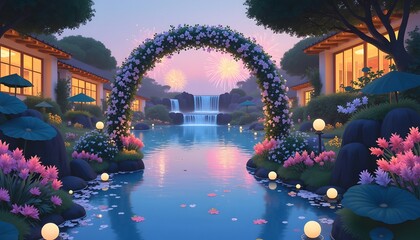 Serene Floral Archway Over Tranquil Waterfall Pond