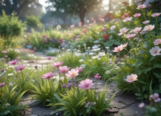 Softly blooming flowers in a garden amidst gentle morning dew,  foliage,  bloom