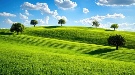 A wide green meadow with scattered trees, perfect for a relaxing walk on a sunny day."