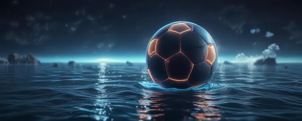 Naklejka premium Glowing neon soccer ball suspended in mid-air above a deep blue ocean surface, glowing, abstract, sport
