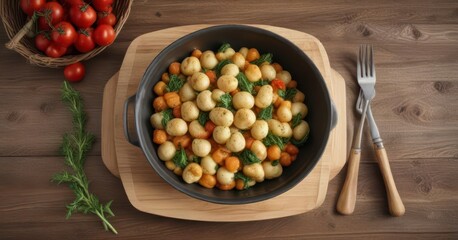 Gnocchi al vapore in cesto di legno con verdure,  Italia,  piatto,  legno