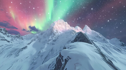 A snowy mountain landscape under a vibrant aurora borealis. Aurora Ridge. Illustration