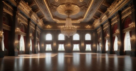 Obraz premium Grand ballroom with high ceiling and ornate chandeliers, opulent, grand