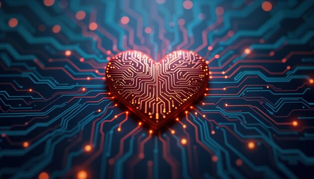 Futuristic heart symbol glowing on tech circuit board. Tech heart signifies love, tech innovation. Romantic concept. Heart symbol shows futuristic design with glowing circuit board. Love, tech