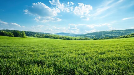 Obraz premium A wide open grassland stretching under a clear blue sky with rolling hills in the distance.