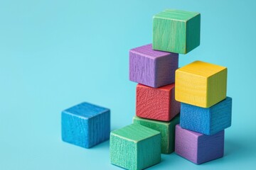 Obraz premium Colorful wooden building blocks stacked on a bright turquoise background, ideal for children s play or educational concepts, representing creativity and fun