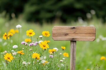 Wooden signpost surrounded by vibrant wildflowers in a lush green meadow on a sunny day