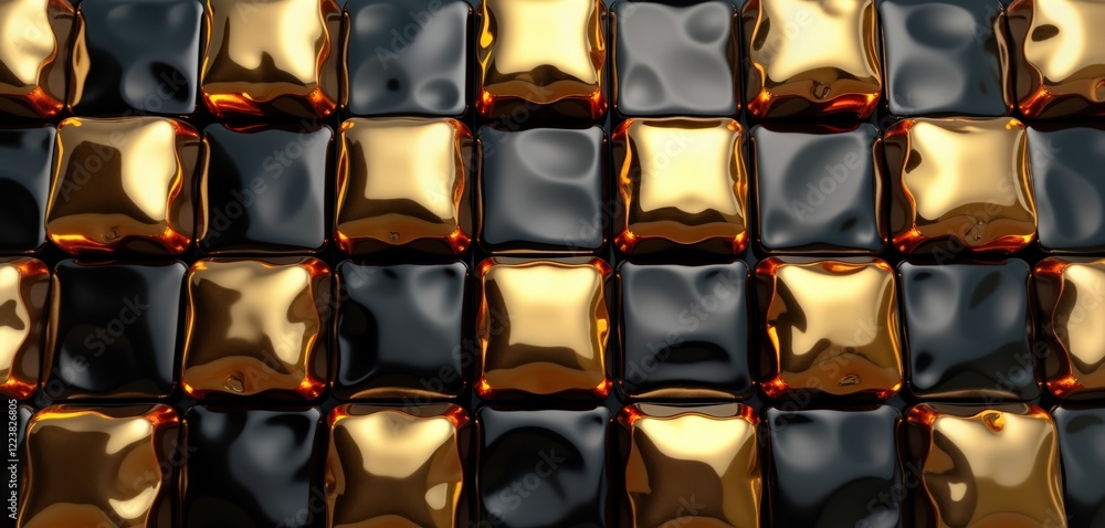 Poster Golden, black glossy stones form seamless pattern. Abstract design. Geometric shapes create textured surface. Modern tech material. Luxury design. Cobblestone pattern. Landscaping design ideas.