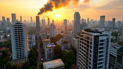 Obraz premium Ai-generated industrial smoke rise at sunset over urban cityscape aerial view - aesthetic impact