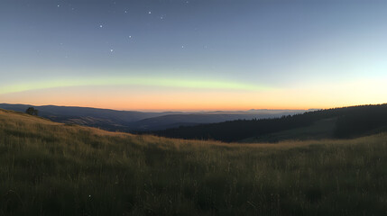 Obraz premium Bright green northern lights creating an arc over a mountain ridge, with stars scattered across the sky. Aurora Ridge. Illustration
