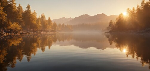 Shiny gold foil background with delicate light reflections on a serene lake at dawn,  scenery,  nature