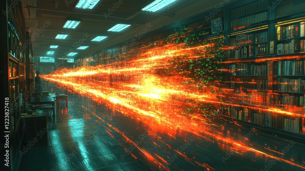 Poster library of accelerated knowledge: a digital data stream transforms a classic hallway