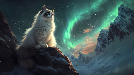 Obraz premium Fluffy ragdoll cat perched on a rocky ledge overlooking the aurora borealis dancing in the arctic sky. Aurora Ridge. Illustration