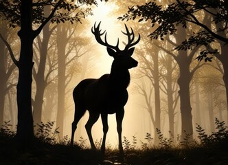 Silhouette of a deer in the forest with tree branches and leaves ,  trees,  nature