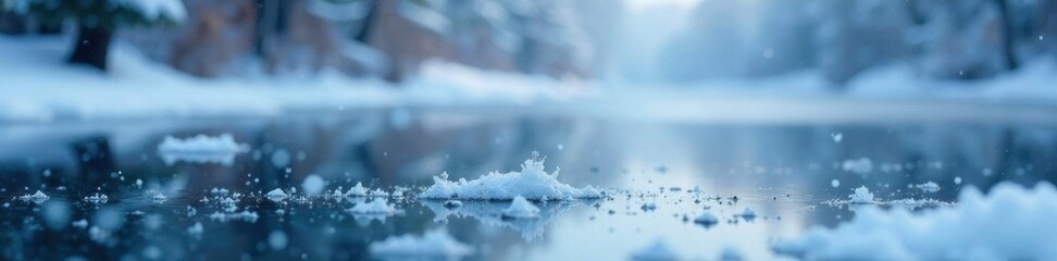 Snowflakes gently settle on the surface of a frozen lake, falling, frozen landscape