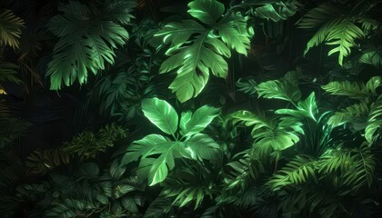 Vibrant green neon lights adorn tropical leaves, glowing softly on a dark night,  decoration,  party decor