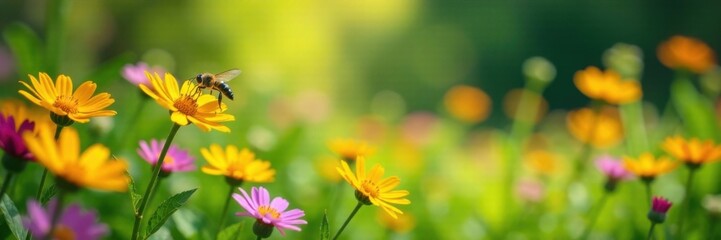 Insects flit from colorful wildflowers in a lush meadow surrounded by greenery , meadow, insects, flowers