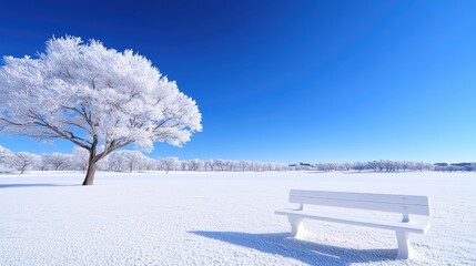 Snowy park bench, winter landscape, frost-covered trees, clear sky, peaceful scene, ideal for winter, travel or nature themes