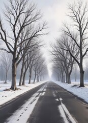 Snowy landscape with bare trees and empty road,  peaceful scene,  winter landscape