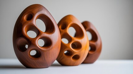 Fototapeta premium Trio of Abstract Wooden Sculptures: Organic Forms in Teak