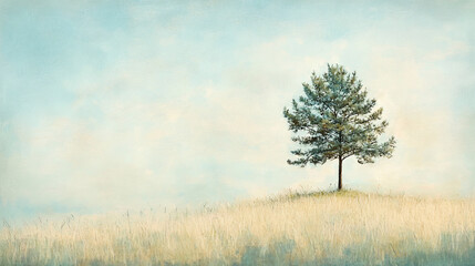 Obraz premium A solitary tree stands on a gentle hill under a serene sky, evoking tranquility and nature's beauty