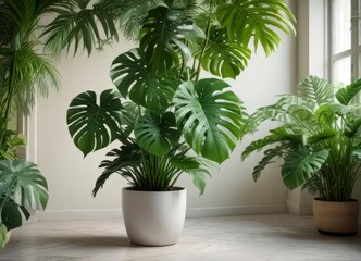 Monstera deliciosa plant surrounded by tropical greenery and leafy herbs in a lush indoor garden,  greenery,  foliage,  tropical