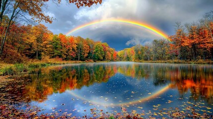 Vibrant autumn landscape with a rainbow arching over a serene lake surrounded by colorful trees