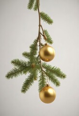Single gold ornament hanging delicately from the branch of a bare evergreen tree against an isolated white background,  delicate design,  minimalist decoration, holiday ornaments