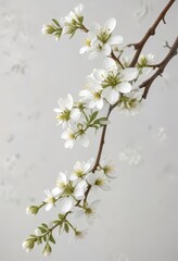 Obraz premium Single sprig of small white flowers on a tree branch against white background, tree flowers, white, bloom