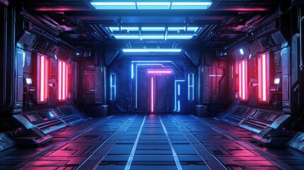 Fototapeta premium Futuristic Neon Lit Spaceship Corridor Interior