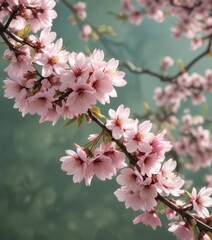 Spring blooming cherry blossom branches with delicate pink petals and subtle green leaves,  seasons,  flowers