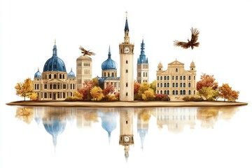 Obraz premium Beautiful autumn cityscape with historical buildings and flying birds reflected in water