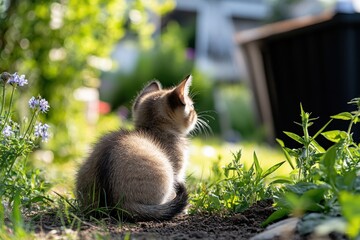 A solitary kitten sits peacefully amidst greenery, portraying a sense of tranquility and exploration as it gazes thoughtfully into the surroundings.