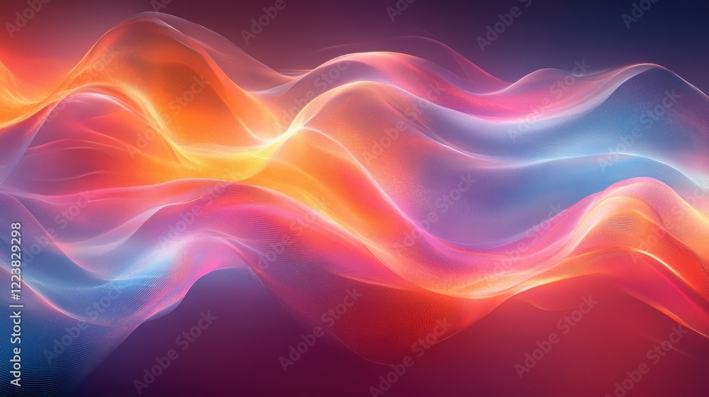 Poster vibrant abstract digital art with flowing waves and geometric shapes in bright colors for background