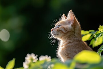 A serene ginger kitten sits amidst lush greenery, its bright blue eyes reflecting curiosity and wonder at the enchanting world around it in this captivating moment.