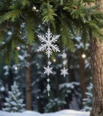 Obraz premium Swirling snowflake ornaments hung from a towering evergreen tree branch, ornaments, winter wonderland