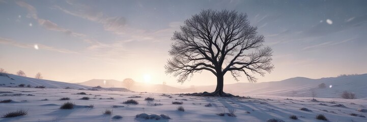 snowflakes gently falling on a lone tree in the cold winter landscape,  snowfall scene,  icy beauty,  calm evening