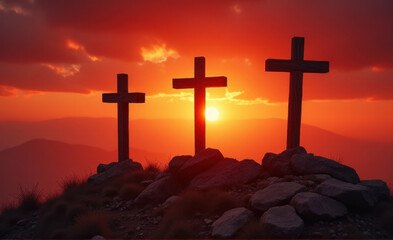 close up of crosses at mount calavary at sunset