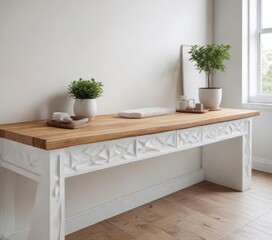 Wooden countertop with a simple white console and geometric patterns, white,  minimalist
