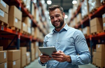 Happy salesman in warehouse checks supplies on tablet. Man in light blue shirt works in large hardware store. Stands amidst storage racks filled with boxes. Seems satisfied with job. Uses technology